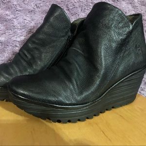 Fly London Yip Black Leather Wedge Ankle Boots